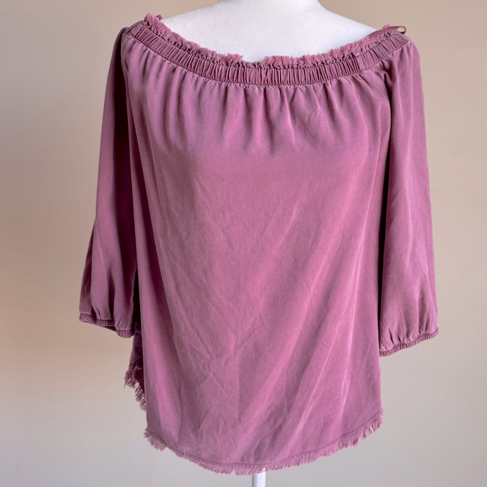SIDE STITCH Los Angeles 100% Tencel Burgundy Off Shoulder Distressed Boho Top‎